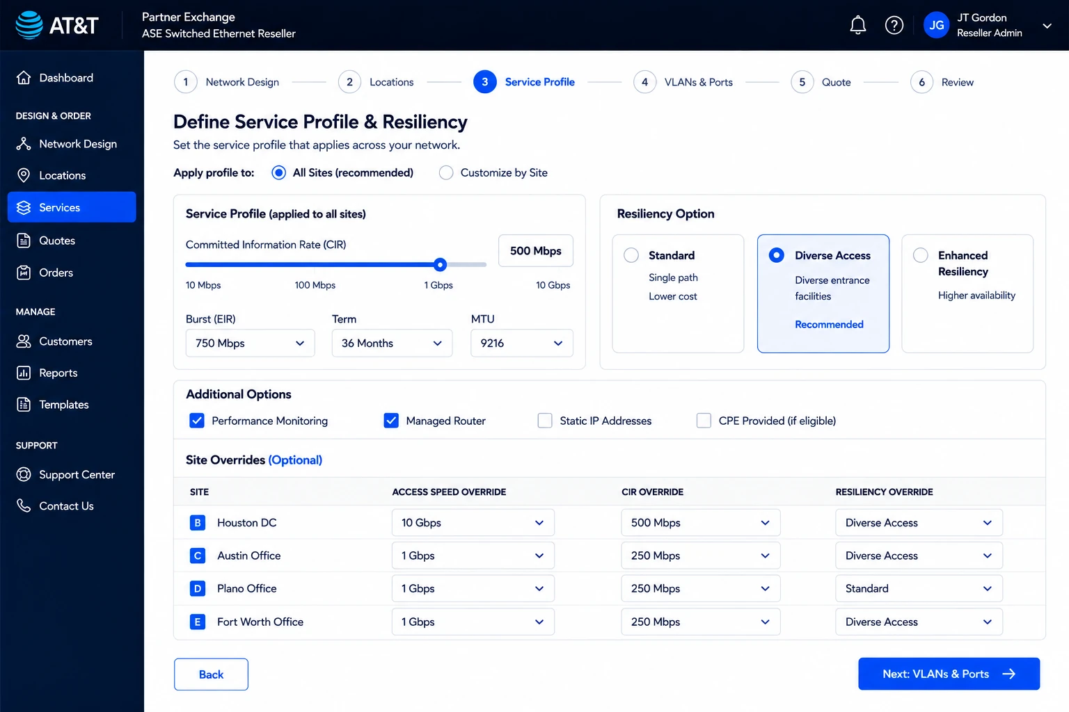 Service profile and resiliency screen with a committed information rate slider set to 500 Mbps, resiliency options including diverse access, and a site overrides table letting individual locations depart from the shared profile.