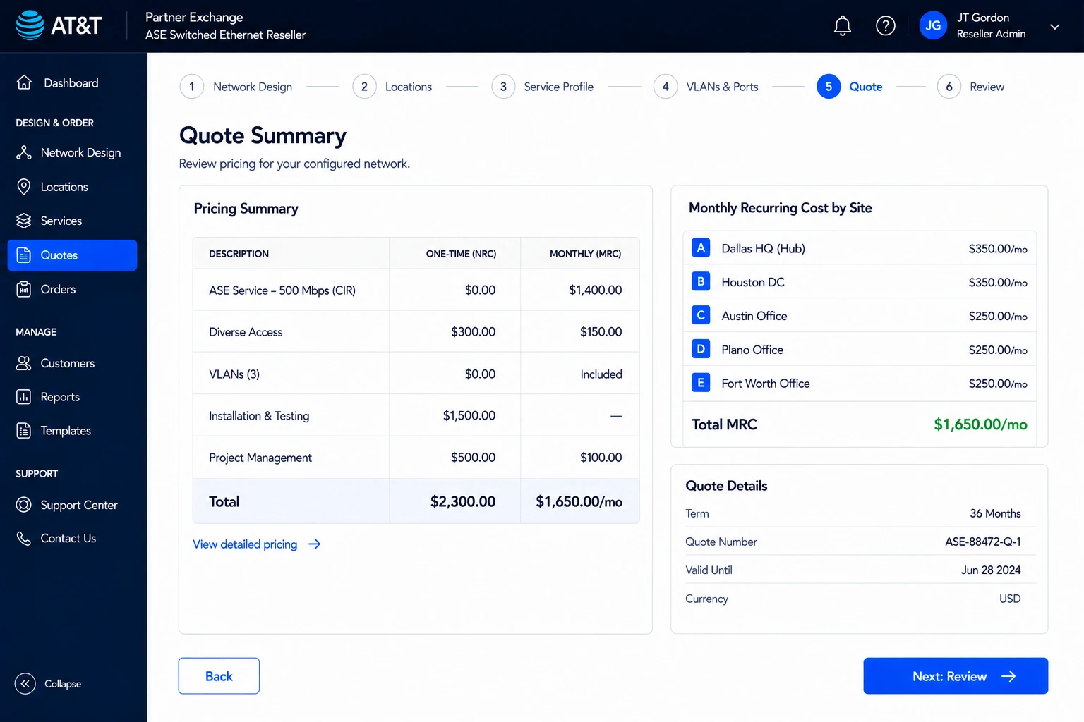 Quote summary screen separating one-time and monthly recurring charges by line item, with monthly recurring cost broken out per site and a quote details panel showing a 36-month term and expiry date.