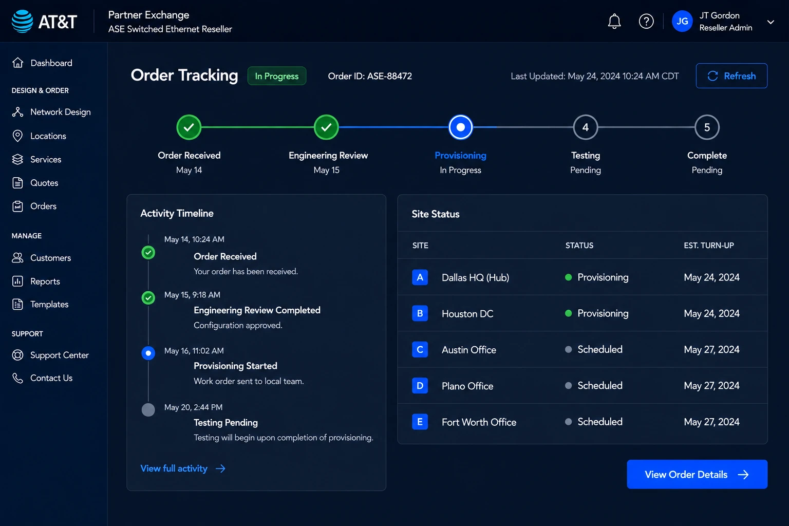 Dark order tracking screen with a five-stage progress rail from order received to complete, an activity timeline of dated events, and a site status table giving each of the five locations its own status and estimated turn-up date.