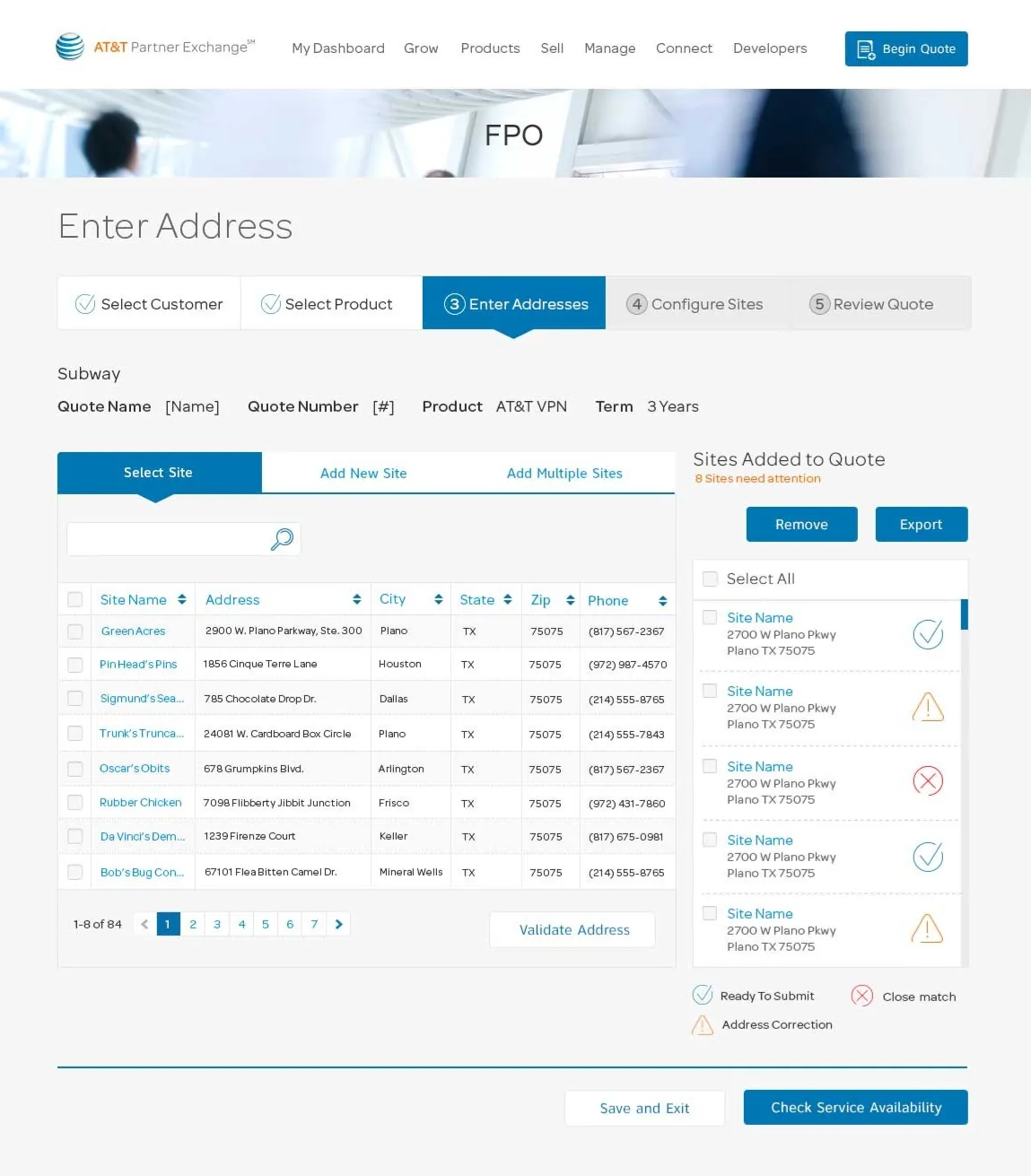 Partner Exchange BuyFlow at the Enter Address step, showing a five-step progress bar reading Select Customer, Select Product, Enter Addresses, Configure Sites and Review Quote, a searchable table of customer sites, a Sites Added to Quote panel marking each address as ready to submit, a close match or needing correction, and a Check Service Availability action.