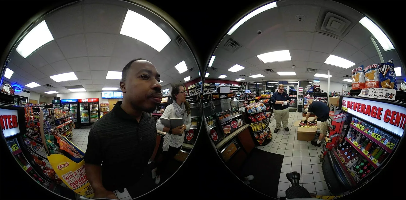 Still frame from a 360-degree video capture recorded during the Frito-Lay field study — interior of a delivery truck cab, dashboard and windscreen wrapped across the panoramic frame.