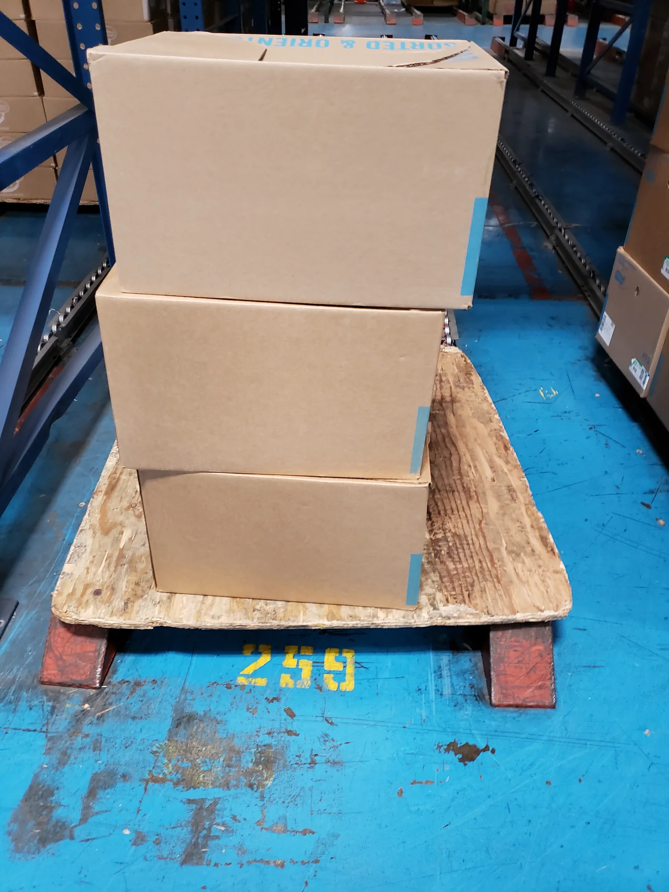 Three unmarked cardboard cartons on a pallet, above the number 259 stencilled on the warehouse floor.