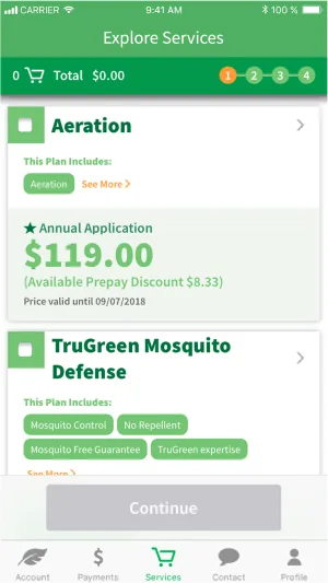 TruGreen mobile app screen — recommended plan detail with treatments and pricing.