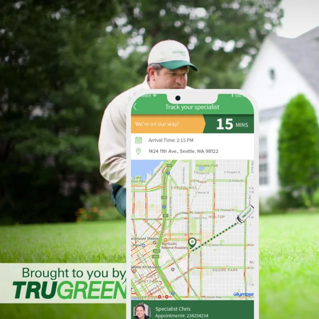 Composite showing the TruGreen mobile app and website designs together, arranged as a hero card of the shipping experience.